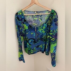 VERSACE JEANS COUTURE 90s Y2K long sleeve printed floral abstract top zipper